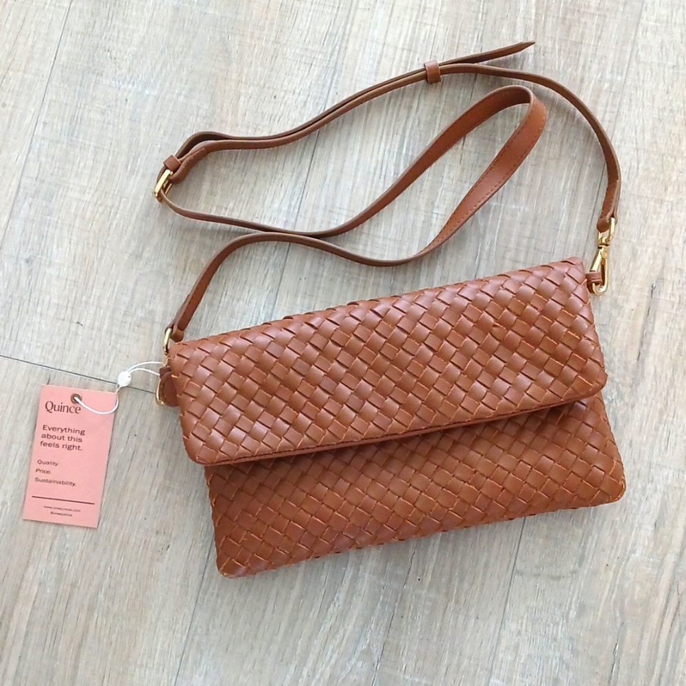 Quince italian leather handwoven convertible clutch cognac